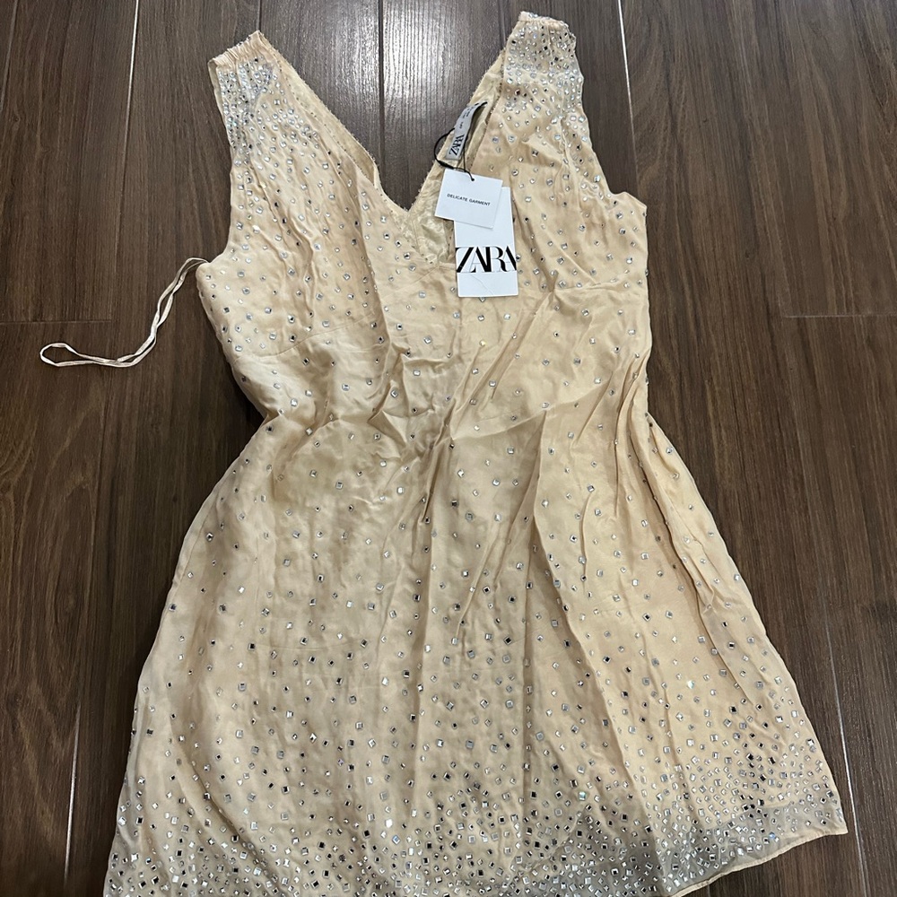 Zara Tan Dress with Shimmering Silver Details